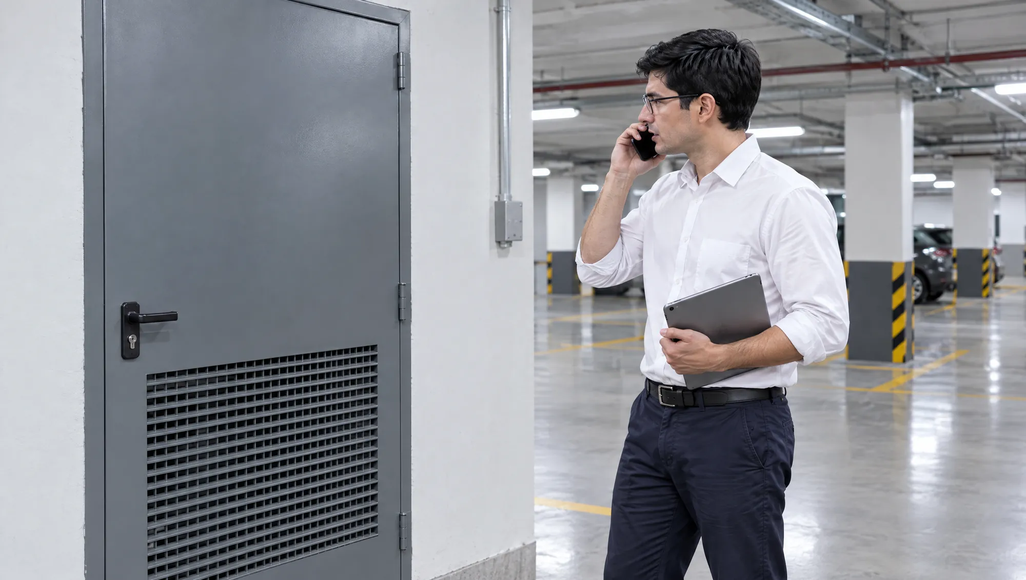 El Ingeniero de Estudio TREO habla por celular en la cochera de un edificio, frente a la puerta de la sala del grupo electrógeno, con la tablet bajo el brazo