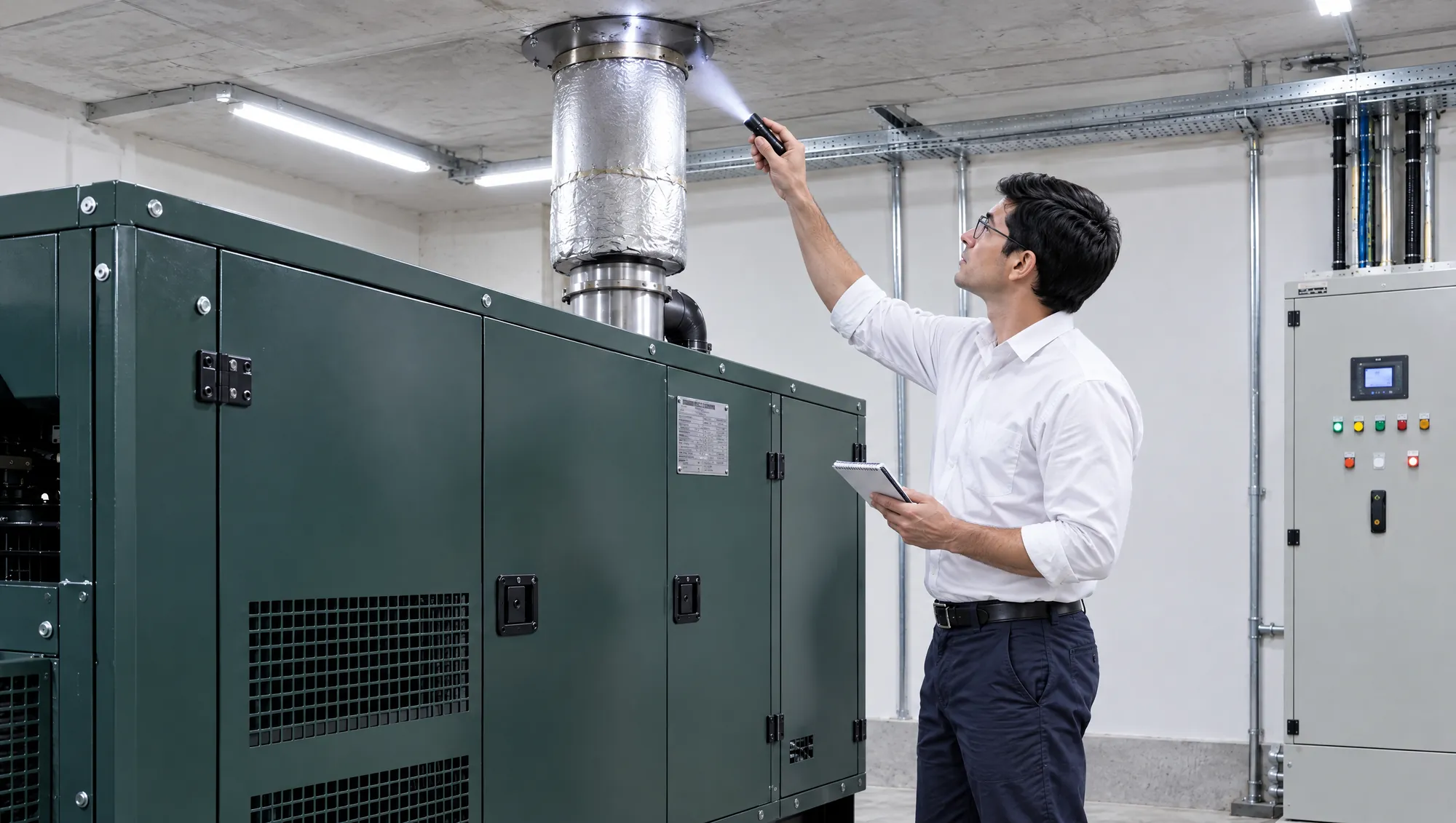 El Ingeniero de Estudio TREO alumbra con una linterna el pase del caño de escape del grupo electrógeno por la losa del techo de la sala, con un anotador en la mano