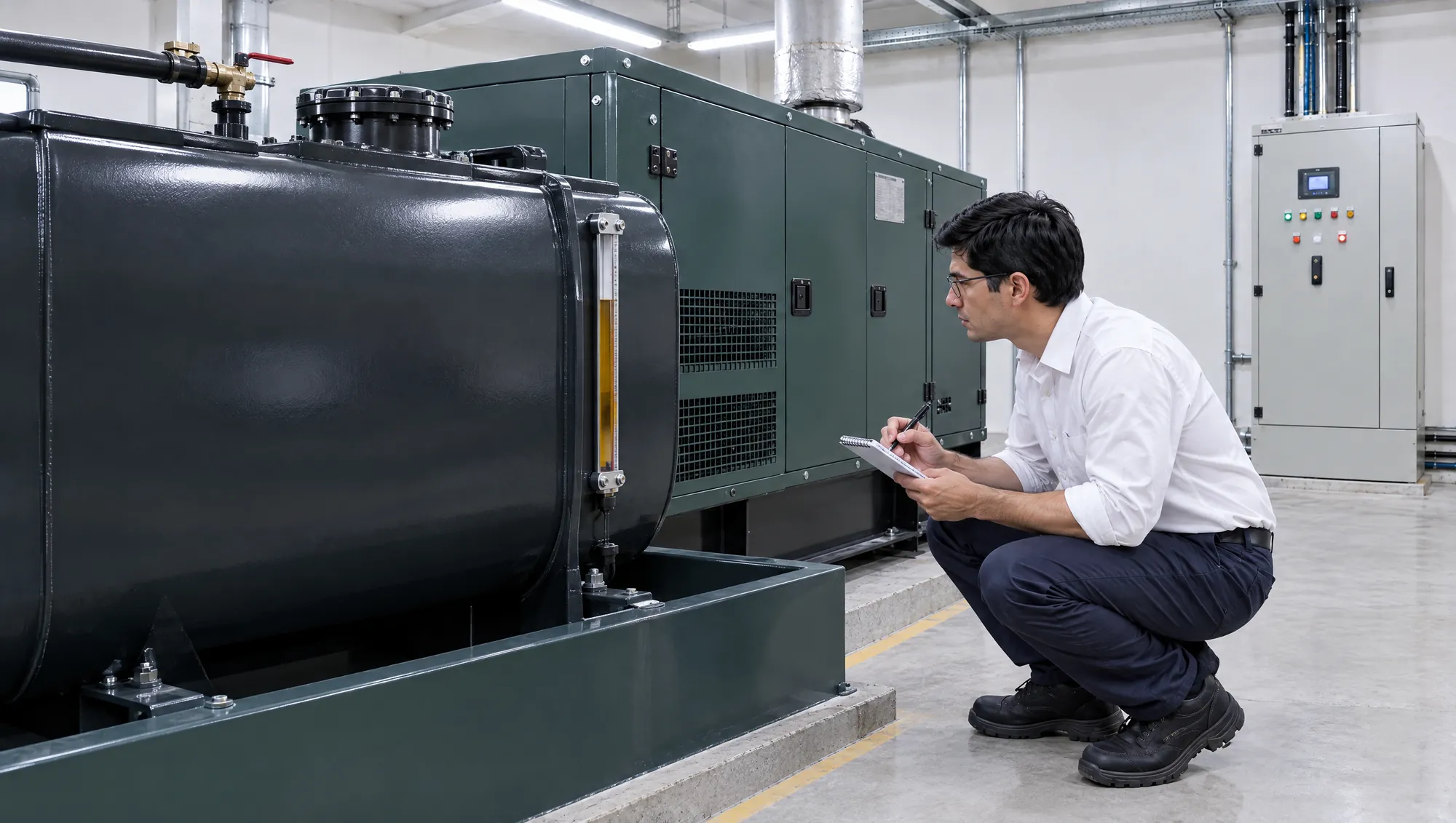 El Ingeniero de Estudio TREO, agachado junto al tanque diario de gasoil del grupo electrógeno, lee el indicador de nivel y anota en un cuaderno, en la sala del grupo
