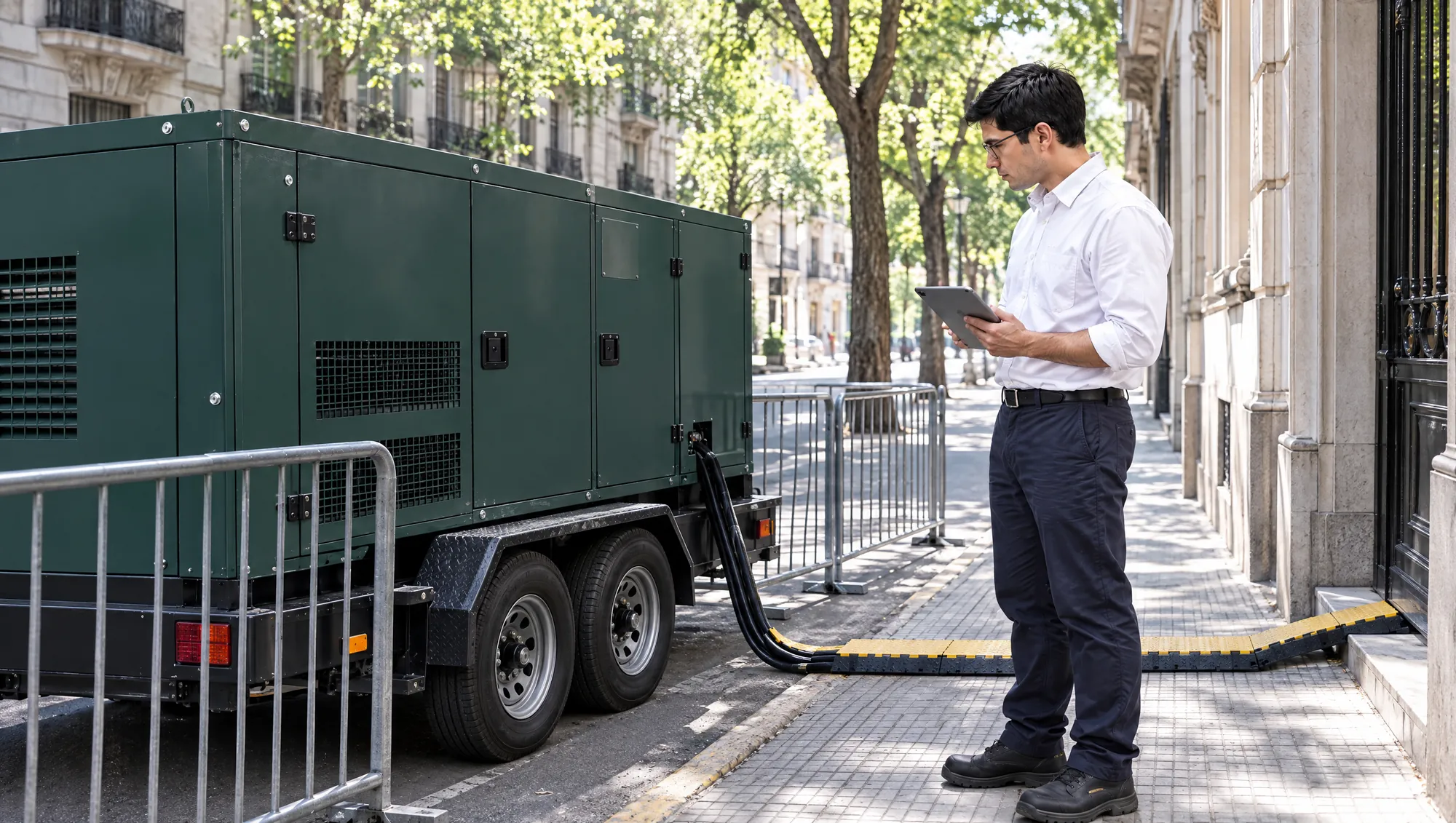 El Ingeniero de Estudio TREO revisa la tablet en la vereda, junto a un grupo electrógeno remolcable vallado en el carril de estacionamiento y su cable protegido hasta la entrada del edificio