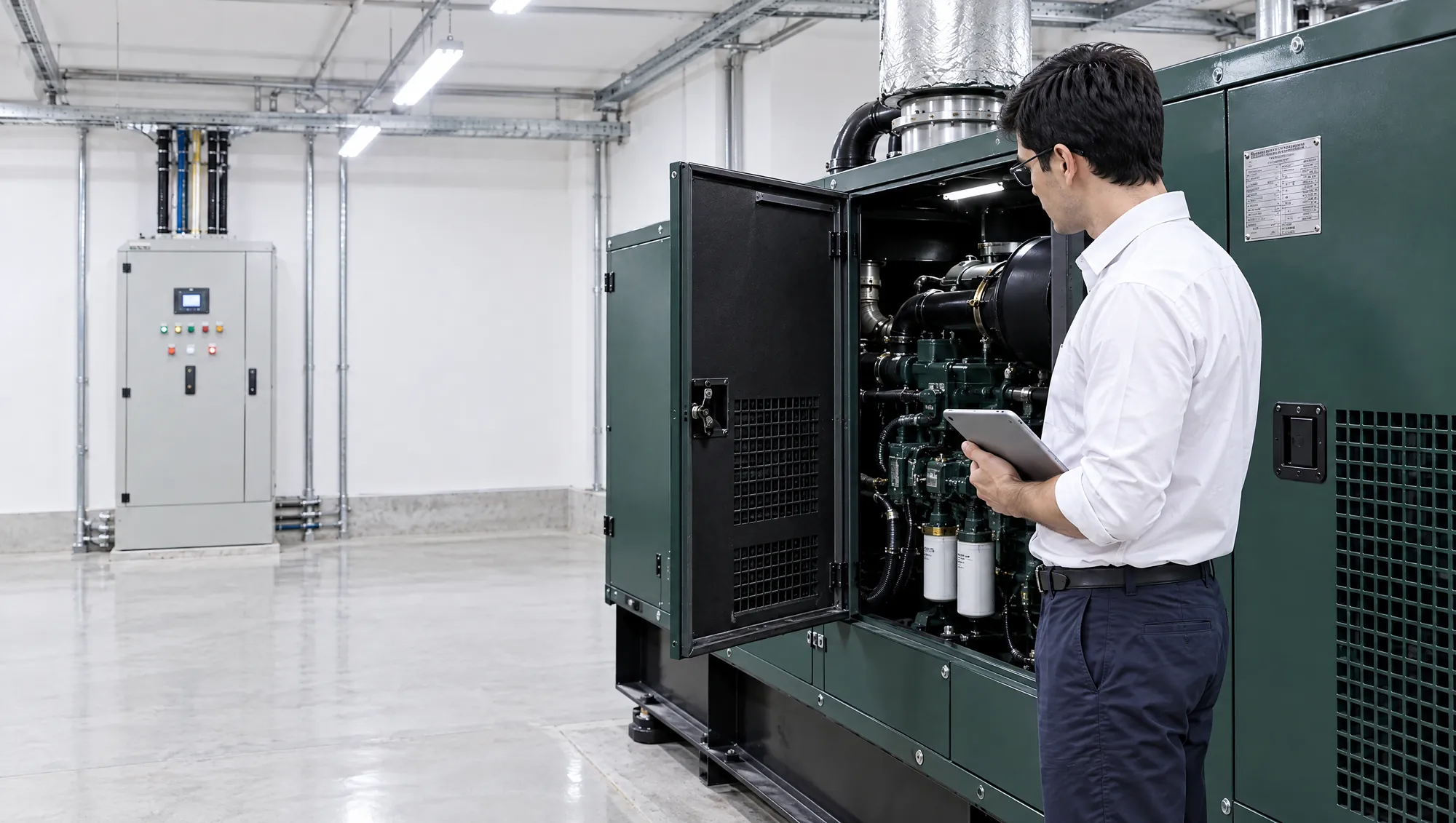 Un Ingeniero de Estudio TREO revisa el motor de un grupo electrógeno por la puerta de Inspección abierta, en la sala del subsuelo de un edificio, con la tablet en la mano