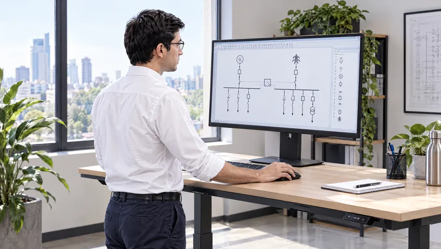 El Ingeniero de Estudio TREO dibuja en CAD el esquema unifilar de una instalación con grupo electrógeno y tablero de transferencia, de pie frente al monitor